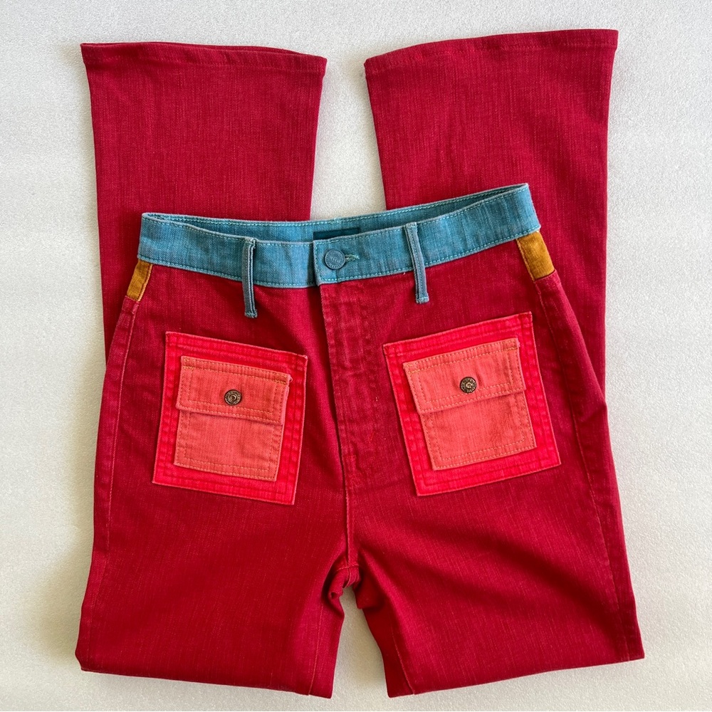 RARE!! MOTHER Colorblock Patch Pocket Flare High Rise Jeans - Picture 2 of 9